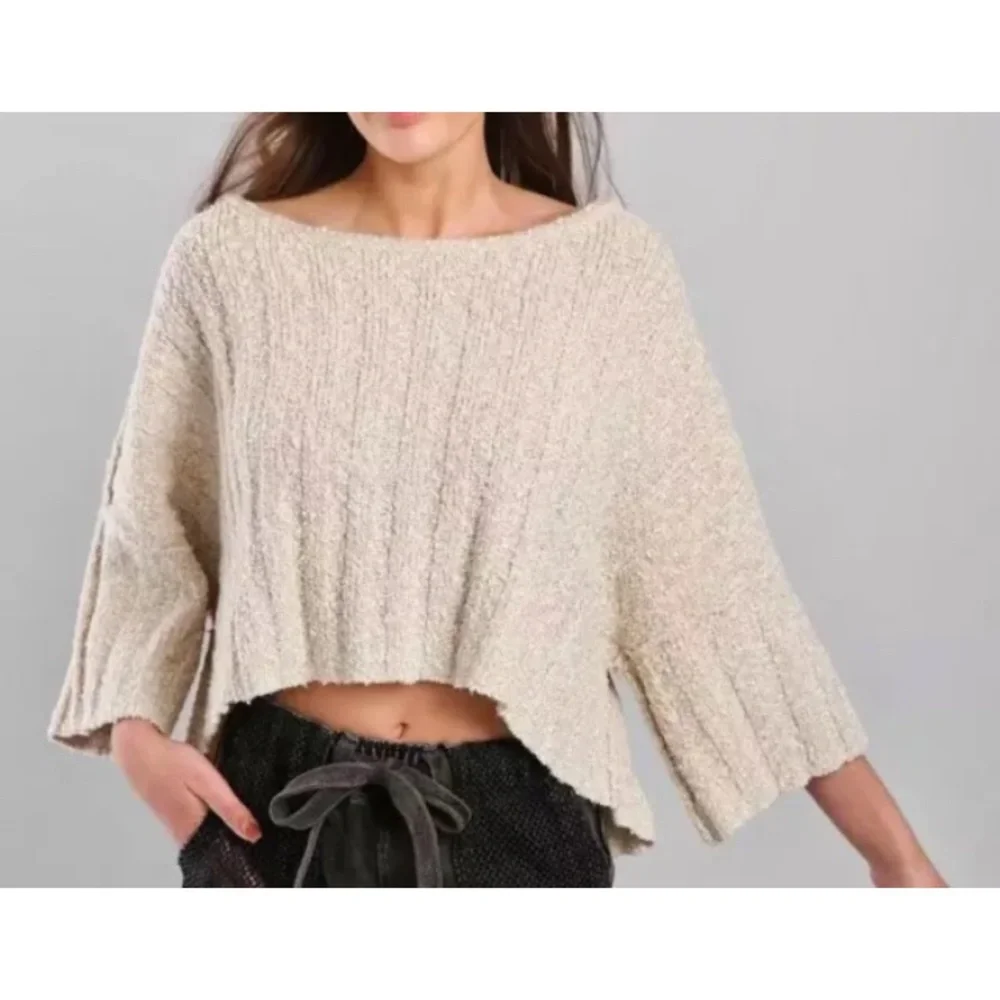 *Free People Good Day Mauve Mousse Small Boho Chunky Rib Knit Crop Sweater #I